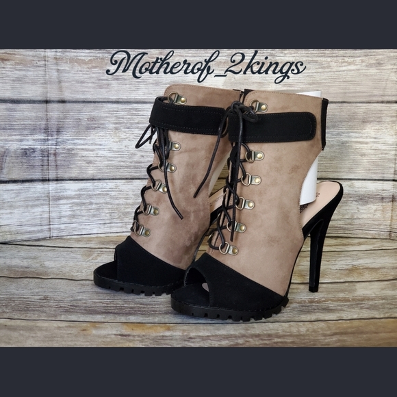 Shoe Dazzle Shoes - MILITARY STYLE TAUPE/BLACK HEELS